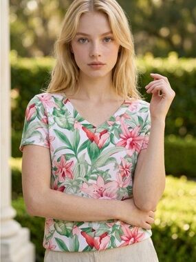 Tommy Bahama Pink, Green & White Floral V-Neck Tee